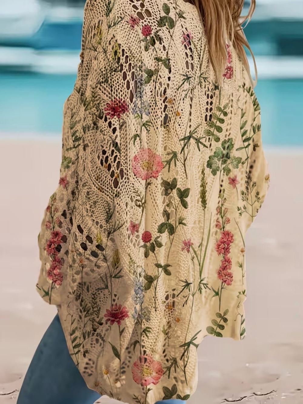 Boho Floral Crochet Knit Oversized Sweater - Cream - Picture 4 of 5